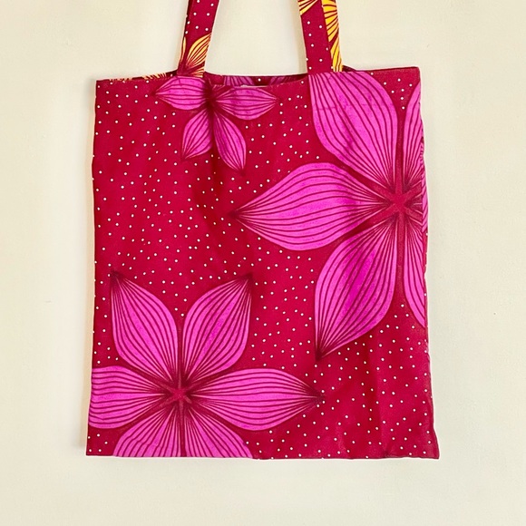 CARE Africa Floral Print Hand Made Fair Trade Red Fuchsia Yellow Cloth Tote Bag - Picture 6 of 7